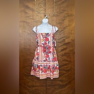 Julia Jordan Tie Strap Mini Shift Dress Womens L Floral Print Eyelet Belted NWT